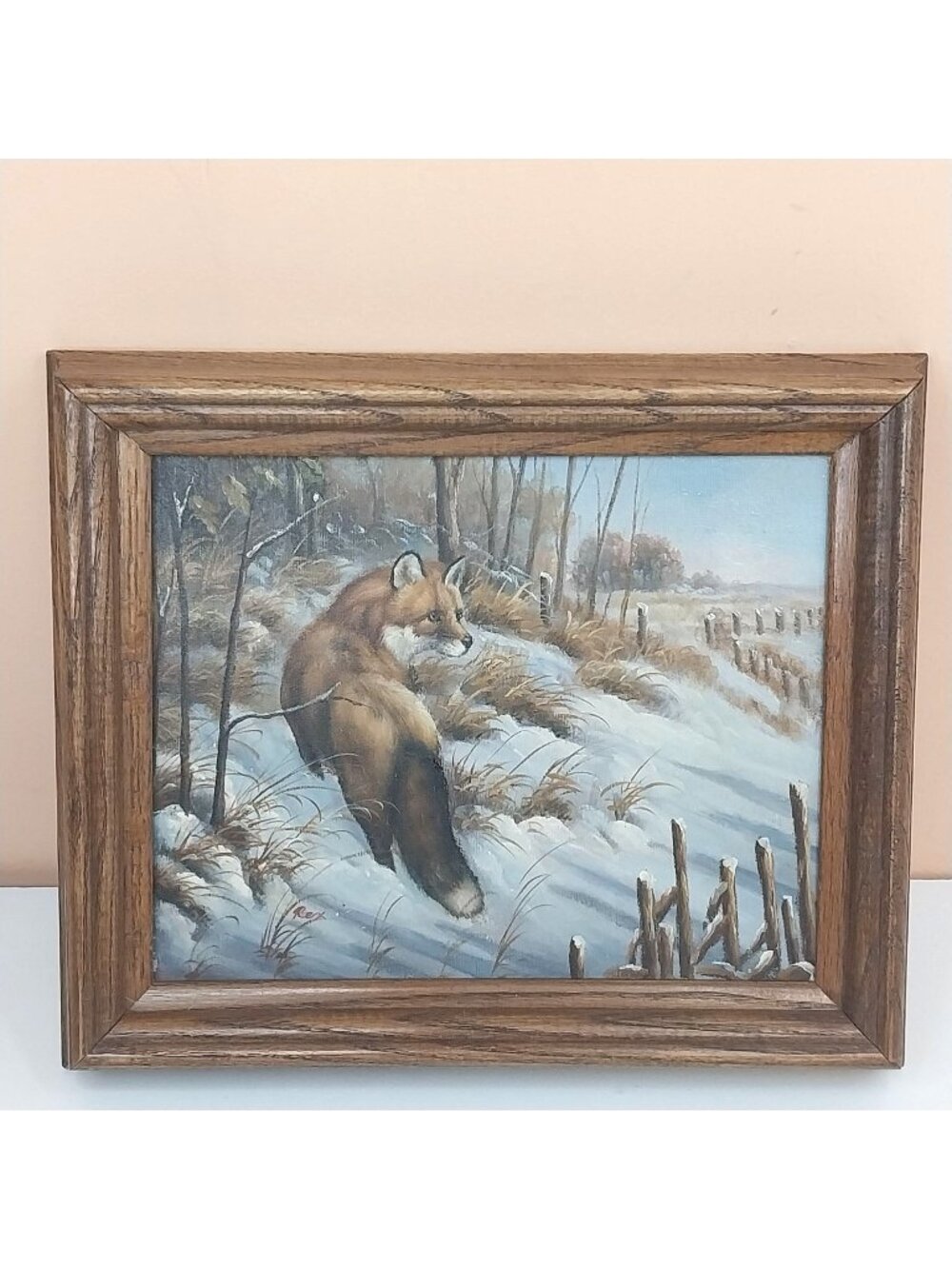 Bevel Framed Red Fox Winter Landscape Forest Oil Painting Signed Rex 10" x 12"